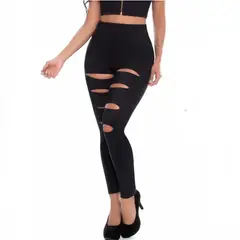 VIA7 - Leggins talle alto negro para mujer con rotos frontales en piernas