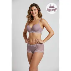 LILI PINK - Conjunto brasier y dos panties en microfibra con encaje