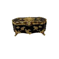 ITALIANA - Joyero Rectan Italy Antiguo Bronce Baño Oro Porcelana Negra