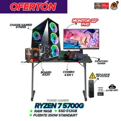 AMD - PC Gamer Ryzen 7 5700G / 16GB Ram / 512GB SSD / Monitor 22” FHD + Escritorio