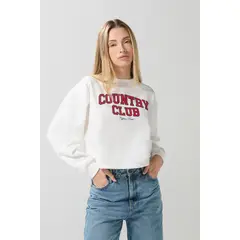 KOAJ - Buzo crema claro crop top con texto college rojo Mujer