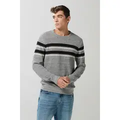 KOAJ - Suéter tejido cuello redondo gris con rayas en contrast Hombre
