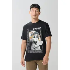 KOAJ - Camiseta cuello redondo negra con estampado de NASA Hombre