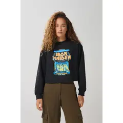 KOAJ - Buzo negro crop top con estampado de Iron Maiden Mujer