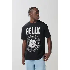 KOAJ - Camiseta negra cuello redondo de Félix el Gato Hombre