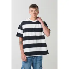KOAJ - Camiseta oversize cuello redondo azul con rayas blancas Hombre