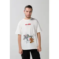 KOAJ - Camiseta de Tom y Jerry crema con cuello redondo Hombre