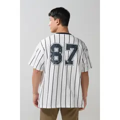 KOAJ - Camiseta oversize crema a rayas college con cuello V Hombre