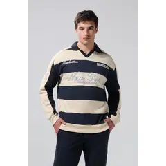 KOAJ - Buzo oversize kaki a rayas college con cuello polo Hombre