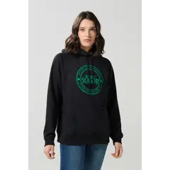 KOAJ - Buzo con capota negro, texto verde y manga ranglan Mujer