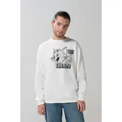 KOAJ - Buzo cuello redondo crema con arte de Tom y Jerry Hombre