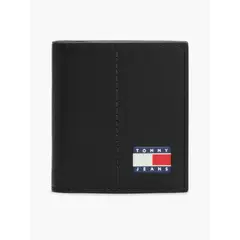 TOMMY HILFIGER - Billetera negra de cuero heritage con logo engomado