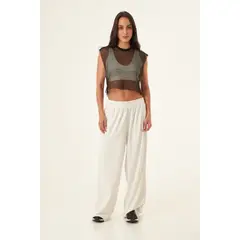 BELIFE - Camiseta manga sisa negra en tela malla para mujer