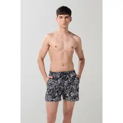 KOAJ - Bermuda negra playera con diseños de hojas blancas Hombre