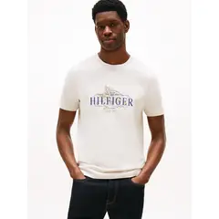 TOMMY HILFIGER - Camiseta gris de cuello redondo con logo tropical