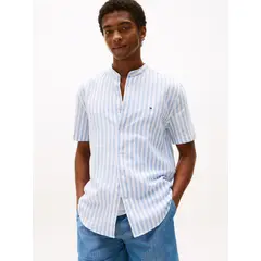 TOMMY HILFIGER - Camisa azul con diseño de rayas y cuello mao