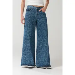 KOAJ - Jean tiro medio palazzo azul con diseños y bota ancha Mujer