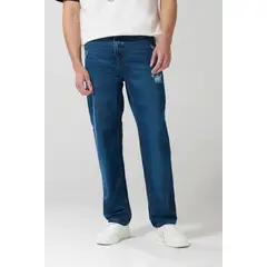 KOAJ - Jean tiro medio 90´S azul oscuro con bota ancha y rotos