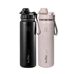 BUFFER FLASK - Termo Botella Agua Termica 700 Ml Buffer Acero Inox + 4 Tapas Set x2 - Negro
