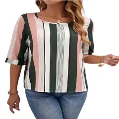 100 - Blusa De Rayas Color Verde Con Rosa