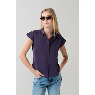 KOAJ - Blusa manga corta unicolor con hombro rodado y abertura Mujer
