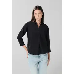 KOAJ - Blusa manga 3/4 unicolor con cuello camisero y prense Mujer