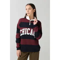 KOAJ - Buzo oversize college azul a rayas con cuello alto Mujer