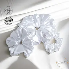 GENERICO - Set de Scrunchies en Satín Tamaños Maxi Estándar y Mini color Blanco
