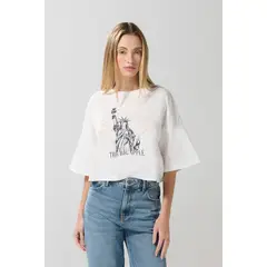 KOAJ - Camiseta crop top oversize crema con arte college Mujer