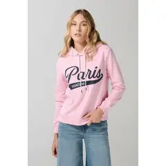KOAJ - Buzo rosado claro con capota y arte college en frente Mujer