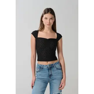 KOAJ - Camiseta negra con texturas, escote corazón y manga cor Mujer