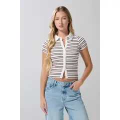 KOAJ - Camiseta polo crema clara con rayas y botones Mujer