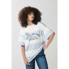KOAJ - Camiseta college oversize crema con manga corta y franj Mujer