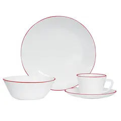 HOME ELEMENTS - Vajilla de Vitrocerámica 4 Puestos 16 Piezas Borde Rojo HEVV-1604