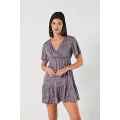 KOAJ - Vestido blanco corto con escote V cruzado y gola en fal Mujer