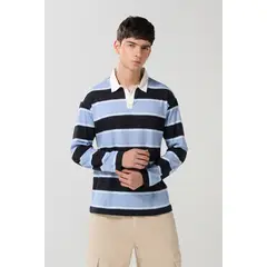 KOAJ - Camiseta azul intensa polo con rayas y manga larga Hombre