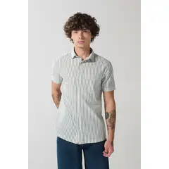 KOAJ - Camisa manga corta a rayas crema con bolsillo en frente Hombre