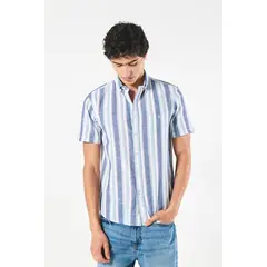 KOAJ - Camisa crema manga corta con rayas azules y bolsillo Hombre