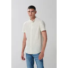 KOAJ - Camisa unicolor a rayas manga corta con cuello nerú Hombre