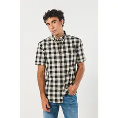 KOAJ - Camisa unicolor a cuadros con manga corta y botones Hombre