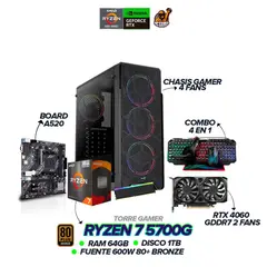 AMD - PC Gamer Ryzen 7 5700G / RTX 4060 / 64GB RAM / 1TB SSD / 600W / Combo 4 en 1