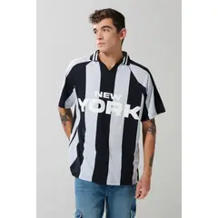 KOAJ - Camiseta polo azul clara a rayas oversize con arte coll Hombre