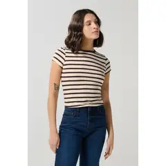 KOAJ - Camiseta cuello redondo crema clara con diseños de raya Mujer
