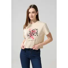 KOAJ - Camiseta crema manga corta unicolor para mujer, en algo Mujer