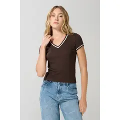 KOAJ - Camiseta con cuello V unicolor y manga corta Mujer