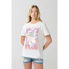 KOAJ - Camiseta crema manga corta con arte brillante de playa Mujer