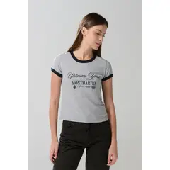 KOAJ - Camiseta gris clara con contrastes y manga corta colleg Mujer