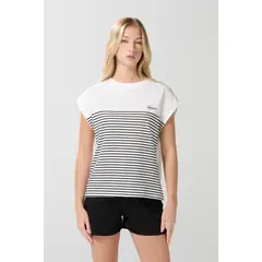 KOAJ - Camiseta manga corta incluida crema con texto y rayas Mujer