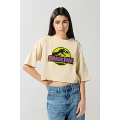 KOAJ - Camiseta oversize kaki crop top con arte de Jurassic Pa Mujer