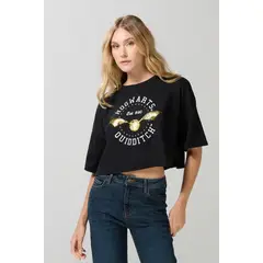 KOAJ - Camiseta negra oversize crop top con arte de Harry Pot Mujer
